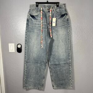 MNML Mega Baggy Waxed Denim Pant, Medium Blue, S